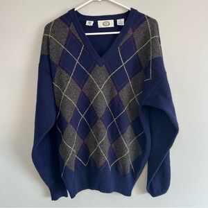 Harbour Club Mens Lambswool V Neck Argyle Plaid Sweater Sz M Blue Classic Preppy